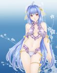  belly bikini blue_hair breasts bun_cover cleavage double_bun double_buns kos-mos long_hair lowleg lowleg_bikini midriff ohse red_eyes side-tie_bikini solo swimsuit very_long_hair xenosaga 