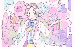  1girl artist_name blue_shirt blush_stickers closed_eyes closed_mouth coat collar dot_nose eyelashes eyewear_on_head flask fluffy_hair grey_hair handa_roco heart heart-shaped_pupils highres holding holding_flask holding_test_tube idolmaster idolmaster_million_live! idolmaster_million_live!_theater_days lab_coat light_smile long_hair looking_at_viewer mad_scientist monster_girl official_alternate_costume open_clothes open_coat pink-framed_eyewear pink_collar remoooon shirt sleeves_rolled_up slime_girl solo striped_clothes striped_shirt symbol-shaped_pupils test_tube twintails upper_body vertical-striped_clothes vertical-striped_shirt very_long_hair wavy_hair yellow_eyes 