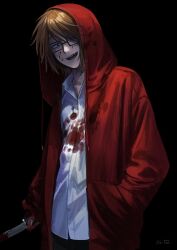  1boy black_eyes blood blood_on_cheek blood_on_clothes blood_on_hands blood_on_knife collared_shirt combat_knife cowboy_shot fangs grin hand_in_pocket head_tilt highres holding_kite hood hood_up hooded_jacket jacket knife looking_at_viewer male_focus medium_hair nil_(pixiv_53614557) orange_hair randal's_friends randal_ivory red_jacket shirt smile teeth upper_teeth_only weapon white_shirt 