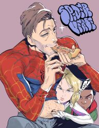  1girl 2boys ahn_dongshik animal_print beard_stubble black_hair blonde_hair blue_bodysuit blue_eyes bodysuit brown_eyes brown_hair chest_hair coat copyright_name dark-skinned_male dark_skin eating facial_hair fingernails food furrowed_brow green_coat grey_pants hand_hair hand_on_own_chin highres holding holding_belly holding_food holding_pizza hood hooded_bodysuit hoodie light_smile lips looking_at_another looking_at_viewer male_focus marvel mature_male miles_morales multiple_boys pants peter_b_parker pink_bodysuit pink_lips pinky_out pizza plump purple_background raised_eyebrow red_bodysuit red_hoodie screentones short_hair sideburns_stubble simple_background sound_effects sparkle spider-gwen spider-man spider-man:_into_the_spider-verse spider-man_(series) spider-verse spider_web_print squinting squishing stubble superhero_costume sweatpants two-tone_bodysuit v-shaped_eyebrows white_bodysuit 