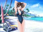  arms_behind_head arms_up beach black_hair bracelet breasts brown_hair casual_one-piece_swimsuit cleavage cloud earrings futari_ecchi highleg highleg_swimsuit jewelry katsu_aki large_breasts legs lipstick long_hair lounge_chair mountain one-piece_swimsuit onoda_yura outdoors palm_tree pose purple_eyes red_eyes sideboob sky smile solo standing swimsuit tree umbrella water wavy_hair 