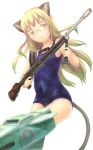  blonde_hair glasses gun long_hair one-piece_swimsuit perrine_h_clostermann sabamu school_swimsuit strike_witches swimsuit tail weapon yellow_eyes 