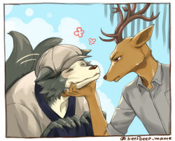  2boys animal_ears antlers beastars beefbeep_mame beret black_pants blush claws closed_mouth commentary deer_antlers deer_boy deer_ears facing_another flower furry furry_male hand_on_another's_chin happy_aura hat horns legoshi looking_at_another louis_(beastars) male_focus multiple_boys pants profile shirt smile tail tail_wagging twitter_username white_shirt wolf_boy wolf_ears wolf_tail 