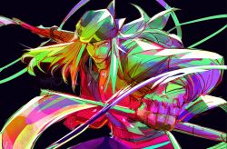  1boy axl_low bandana black_background colorful cowboy_shot cropped_jacket english_commentary fighting_stance foreshortening glaring guilty_gear guilty_gear_strive holding_sickle jacket kama_(weapon) kusarigama long_hair looking_at_viewer maddestmao open_clothes open_jacket open_mouth sickle simple_background smirk solo standing twitter_username weapon 