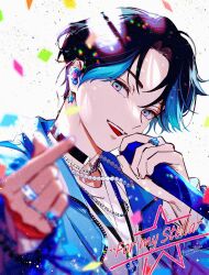  1boy aqua_eyes black_choker black_hair blue_hair blue_jacket blurry choker commentary_request confetti dappled_sunlight depth_of_field dispersion_(optics) ear_piercing finger_heart forehead hands_up head_tilt highres holding holding_microphone idol jacket jewelry kazari_tayu looking_at_viewer male_focus microphone multicolored_eyes multicolored_hair multiple_necklaces music necklace open_clothes open_jacket open_mouth paradox_live parted_bangs pearl_necklace piercing pink_eyes ring shirt short_hair simple_background singing smile streaked_hair sunlight teeth three_quarter_view upper_teeth_only wavy_hair white_background white_shirt yamato_shogo 