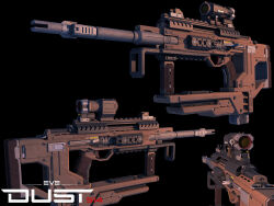  3d black_background commentary copyright_logo copyright_name dust_514 eve_online flewda from_side gun highres logo multiple_views no_humans rifle science_fiction scope simple_background weapon weapon_focus 