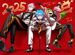 1girl 2025 asmodeus_alice formal happy_new_year mairimashita!_iruma-kun multiple_boys official_art sharp_teeth suzuki_iruma tongue tongue_out tuxedo valac_clara
