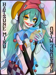 1girl alternate_costume aqua_eyes aqua_hair asymmetrical_clothes balatro black_border border card card_(medium) character_name english_commentary fang gloves grin hand_up hat hatsune_miku highres holding holding_card jester_cap jester_costume joker_(playing_card) long_hair looking_at_viewer low_twintails open_mouth outside_border playing_card red_hat smile solo twintails twitter_username two-tone_hat vickie_(cryingrobot) vocaloid white_gloves yellow_hat 