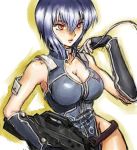  breasts cleavage ghost_in_the_shell gloves kusanagi_motoko lowres purple_hair red_eyes short_hair weapon 