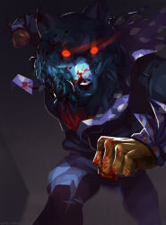  1boy angry animal_ears ascot black_background black_jacket black_pants blood blood_on_hands blood_on_mask dog_nose english_commentary furry furry_male gaeree glowing glowing_eyes incoming_attack jacket leather leather_jacket lisa_(series) lisa_the_joyful looking_at_viewer male_focus pants polka_dot punching red_ascot red_eyes rpg_maker tumblr_username wolf_ears wolf_mask 