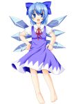  barefoot blue_eyes blue_hair cirno komatsu_nameiya ribbon ribbons short_hair touhou wings 