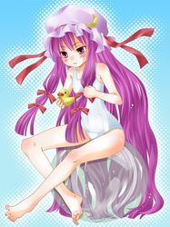  barefoot d5_(pixiv) feet hat long_hair one-piece_swimsuit patchouli_knowledge purple_hair ribbon ribbons school_swimsuit swimsuit touhou white_school_swimsuit 