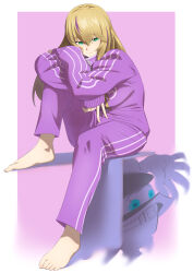  1girl absurdres alternate_costume barefoot blonde_hair border digimon digimon_card_game digimon_liberator full_body ghostmon green_eyes highres jacket long_hair multicolored_hair pants purple_background purple_hair purple_jacket purple_pants simple_background sitting solo_focus streaked_hair taira_(tairamon) track_jacket track_suit two-tone_hair violet_inboots white_border 