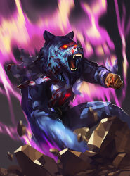  1boy angry animal_ears ascot black_background black_jacket black_pants blood blood_on_hands blood_on_mask dog_nose english_commentary fiery_aura furry furry_male gaeree glowing glowing_eyes hand_on_ground incoming_attack jacket leather leather_jacket lisa_(series) lisa_the_joyful looking_at_viewer male_focus open_mouth pants polka_dot red_ascot red_eyes rpg_maker rubble tumblr_username wolf_ears wolf_mask 