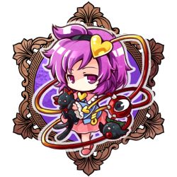  1girl animal blue_shirt cat chibi chibi_only closed_mouth expressionless frilled_sleeves frills hair_ornament heart heart_hair_ornament holding holding_animal holding_cat jitome kaenbyou_rin kaenbyou_rin_(cat) komeiji_satori long_sleeves looking_at_viewer pink_footwear pink_hair pink_skirt reiuji_utsuho reiuji_utsuho_(bird) shirt short_hair skirt slippers socha solo third_eye touhou transparent_background violet_eyes 
