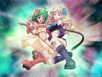  \m/ belt blonde_hair blue_eyes blush boots chain chains flower gloves green_hair kutsuno light long_hair m/ macross macross_frontier multiple_girls ranka_lee red_eyes sheryl_nome short_hair smile star stars twintails 