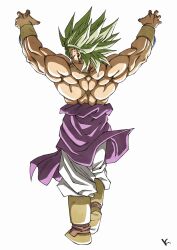  1boy arms_up broly_(dragon_ball_z) dragon_ball dragon_ball_z from_behind full_body green_hair highres kakeru_(dbskakeru) legendary_super_saiyan medium_hair muscular muscular_male pants solo spiky_hair super_saiyan topless_male white_pants 