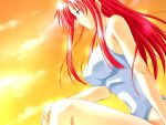  black_eyes blue_eyes breasts erect_nipples game_cg houjou_elena large_breasts legs long_hair love_split one-piece one-piece_swimsuit red_hair redhead sitting sunset swimsuit thighs 