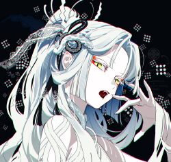  1girl aegyo_sal black_background eyeliner fangs forked_tongue from_below from_side hair_ornament hand_up head_tilt highres hime_cut kazari_tayu long_hair looking_at_viewer makeup narrowed_eyes open_mouth original parted_bangs ponytail portrait red_eyeliner ribbon slit_pupils snake tongue tongue_out white_eyelashes white_hair white_ribbon yellow_eyes 