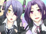  2girls blue_hair breasts checkered_necktie cleavage eyepatch fingerless_gloves gloves headgear kachirou kantai_collection looking_at_viewer multiple_girls open_mouth personification purple_hair short_hair tatsuta_(kantai_collection) tenryuu_(kantai_collection) violet_eyes yellow_eyes 