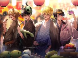  +++ 4boys :d ^_^ ahoge alien_mask animal_ear_hairband animal_ears artist_name asa_no_ha_(pattern) asymmetrical_horns ball black_hair black_horns black_kimono black_sash blonde_hair blue_eyes blue_kimono blurry blurry_background bowl brown_hairband brown_kimono brown_sash cellphone closed_eyes closed_mouth commentary dango earrings egasumi english_commentary eyelashes fake_animal_ears fangs festival fingernails floral_print food grey_haori grin hair_between_eyes hairband hand_on_another&#039;s_shoulder hand_up haori highres holding holding_food holding_phone holding_stuffed_toy horns japanese_clothes jewelry kimono lantern lens_flare lion_ears long_fingernails long_hair long_sleeves looking_at_viewer looking_to_the_side luca_kaneshiro male_focus mask mask_on_head mouth_hold multicolored_hair multiple_boys multiple_rings night nijisanji nijisanji_en notice_lines obi open_mouth outdoors paper_lantern parted_bangs phone pink_hair pointy_ears print_kimono profile purple_hair raineemeow ren_zotto ring sash seigaiha selfie sharp_fingernails short_hair short_sidetail shu_yamino smartphone smile sonny_brisko sparkle standing streaked_hair striped_clothes striped_kimono stuffed_animal stuffed_dinosaur stuffed_toy summer_festival swept_bangs teeth twitter_username vertical-striped_clothes vertical-striped_kimono violet_eyes virtual_youtuber wagashi web_address white_kimono wide_sleeves yarn yarn_ball yukata 