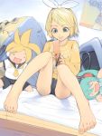  bad_id barefoot bed blonde_hair bow cameo cellphone feet hatsune_miku hatsune_miku_(cameo) kagamine_len kagamine_len_(cameo) kagamine_rin phone plush poster_(object) short_hair sitting vocaloid 