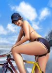  bicycle bikini bikini_top brown_hair hat neongun realistic road_bicycle short_hair shorts sky smile swimsuit 