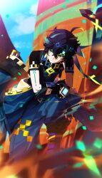  1boy ahoge arm_on_thigh arm_rest arm_tattoo black_gloves black_hair black_shirt blue_pants blue_sky blurry closed_mouth clothes_around_waist clouds cloudy_sky commentary_request depth_of_field dutch_angle elbow_gloves expressionless feet_out_of_frame genshin_impact gloves green_eyes green_headband guest_art headband highres jacket jacket_around_waist kazari_tayu kinich_(genshin_impact) knee_up leaning_forward lower_eyelashes_only male_focus outdoors pants shirt short_sleeves sidelighting sideways_glance sky standing tattoo 