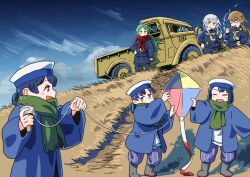  6+girls black_hair blue_coat blue_eyes blue_pants blue_serafuku blue_sky brown_eyes brown_hair cigarette coat crescent crescent_hair_ornament crescent_pin daitou_(kancolle) day glasses grass green_eyes green_hair green_scarf grey_footwear hair_ornament hat hiburi_(kancolle) holding holding_cigarette holding_kite kantai_collection kikuzuki_(kancolle) kisei_mt kite long_hair long_sleeves low_ponytail mochizuki_(kancolle) motor_vehicle multiple_girls nagatsuki_(kancolle) neckerchief open_mouth outdoors pants pickup_truck red-framed_eyewear red_scarf sailor_hat scarf school_uniform serafuku short_hair shounan_(kancolle) sky smoking truck twintails white_hair white_hat yellow_neckerchief 
