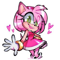  1girl amy_rose animal_ears animal_nose bracelet commentary dress furry furry_female gloves gold_bracelet green_eyes hairband hedgehog_girl jewelry looking_at_viewer open_mouth pink_fur pink_hair pontiikii red_dress red_hairband short_tail simple_background smile solo sonic_(series) standing tail white_gloves 