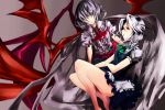  barefoot blue_hair hat izayoi_sakuya maid makai_no_juumin remilia_scarlet ribbon ribbons short_hair silver_hair touhou wings 