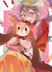  ! 1boy absurdres blue_eyes candy charlotte_(madoka_magica) chinese_commentary closed_mouth commentary_request crossover doughnut ensemble_stars! food frown grey_hair hair_between_eyes highres jacket light_particles long_hair mahou_shoujo_madoka_magica mahou_shoujo_madoka_magica_(anime) open_mouth pants red_jacket shiina_niki smile speech_bubble spoken_exclamation_mark tie_fei_wu_mang_dashuai wrapped_candy yellow_pants 