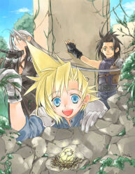  3boys alternate_costume arm_up armor bad_id belt bird bird_nest black_belt black_coat black_gloves black_hair blonde_hair blue_eyes blue_pants blue_shirt blue_sky blue_sweater bracer chest_strap chick cloud_strife coat commentary_request crisis_core_final_fantasy_vii dated_commentary day expressionless final_fantasy final_fantasy_vii gloves green_eyes grey_gloves grey_hair hair_intakes hair_slicked_back happy holding holding_sword holding_weapon katana long_bangs long_hair long_sleeves looking_at_another looking_down male_focus masamune_(ff7) moss multiple_boys open_mouth outdoors over_shoulder pants pauldrons pillar plant sephiroth shirt short_hair shoulder_armor shoulder_strap signature single_pauldron sky sleeveless sleeveless_sweater sleeveless_turtleneck sleeves_rolled_up smile spiky_hair standing sweater sword sword_over_shoulder teeth toujou_sakana tree turtleneck upper_body upper_teeth_only very_long_hair vines weapon weapon_over_shoulder yellow_bird zack_fair 