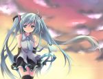  clouds green_eyes green_hair hatsune_miku long_hair necktie purinko skirt sky star stars sunset thigh-highs thighhighs twintails very_long_hair vocaloid wind zettai_ryouiki 