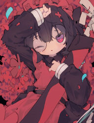  1girl absurdres apron arm_up brown_dress brown_hair collared_dress cowboy_shot crooked_eyewear dress falling_petals flower frilled_hairband frills glasses hair_ornament hairband highres holding holding_sheath light_blush long_sleeves medium_hair nep_(nep_76) no_nose one_eye_closed original parted_lips petals red_apron red_eyes red_flower round_eyewear sheath sheathed sleeves_past_wrists solo x_hair_ornament 