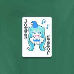  aqua_eyes aqua_hair balatro beamed_eighth_notes card colored_skin commentary eighth_note english_commentary english_text grin hatsune_miku highres jimbo_(balatro) joker_(playing_card) musical_note neato no_humans pixel_art playing_card poker_table smile table vocaloid white_skin 