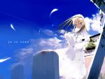  2800x2100 blonde_hair blood bouquet bouquets bride cloud clouds dress feathers flower grave graveyard hairband highres kusaka kusaka_souji long_hair original shimada_humikane sky translated vines white_dress 