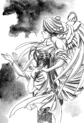  2girls aa_megami-sama absurdres angel angel_wings antenna_hair belldandy bracelet facial_mark feathered_wings forehead_mark greyscale hand_on_own_chest highres holding_hands holy_bell jewelry long_hair matsubara_hidenori monochrome multiple_girls non-web_source official_art outstretched_hand ponytail scan white_wings wings 