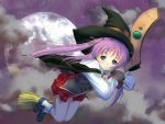 broom cape flying hat highres long_hair moon purple_hair school_uniform witch witch_hat 