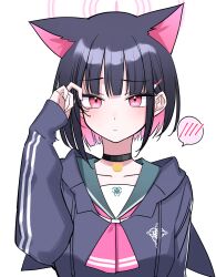  1girl animal_ears black_choker black_hoodie blue_archive bob_cut cat_choker cat_ears choker colored_inner_animal_ears colored_inner_hair extra_ears green_sailor_collar halo highres hood hoodie ichiki_1 kazusa_(blue_archive) multicolored_hair neckerchief pink_halo pink_neckerchief sailor_collar solo trinity_general_school_logo upper_body 
