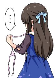  ... 1girl bikini blue_dress blue_ribbon comiching commentary cowboy_shot dress floral_print from_behind hair_ribbon highres holding holding_swimsuit holding_unworn_clothes idolmaster idolmaster_cinderella_girls long_hair long_sleeves pink_bikini ribbon simple_background solo spoken_ellipsis swimsuit tachibana_arisu white_background 