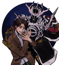 2boys alien armor black_bodysuit black_hole bodysuit cobra_(animal) evol_blackhole evol_driver evol_trigger evolto full_armor fullbottle gloves glowing gold_armor helmet highres horns isurugi_souichi kamen_rider kamen_rider_build_(series) kamen_rider_evol looking_at_viewer male_focus multiple_boys pink_eyes rider_belt science_fiction shoulder_armor shoulder_spikes space spikes tason904 tokusatsu upper_body villain_pose white_armor