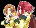  closed_eyes code_geass gambler_club kallen_stadtfeld long_hair mouth_hold orange_hair red_hair redhead school_uniform shirley_fenette short_hair sweatdrop toast toast_in_mouth 