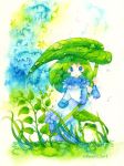  blue_eyes frog green_hair original rain seiko_(artist) seiko_p traditional_media 