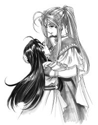  2girls aa_megami-sama absurdres antenna_hair belldandy black_hair crying crying_with_eyes_open facial_mark forehead_mark greyscale hand_on_another's_head highres hug jewelry long_hair looking_up matsubara_hidenori monochrome multiple_girls non-web_source official_art ponytail scan siblings sisters skuld_(aa_megami-sama) smile tears 