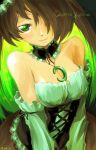  breasts brown_hair cleavage detached_sleeves dress green_eyes green_hair hair_over_one_eye highres jewelry mushroom necklace omphalotus_guepiniformis original oso oso_(toolate) personification smile solo 