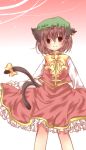  bad_id brown_eyes brown_hair cat_ears cat_tail chen earrings hat jewelry multiple_tails ribbon ribbons short_hair smile solo suisyounohosizora tail tail_ribbon touhou 