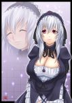  cleavage highres homura large_breasts long_hair pink_eyes rozen_maiden silver_hair smile suigintou 