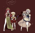  arms_behind_back bare_legs bat_wings black_wings blonde_hair blue_eyes bobby_socks eyelashes flandre_scarlet hat hong_meiling izayoi_sakuya long_hair maid mary_janes multiple_girls pale_skin red_eyes red_hair redhead remilia_scarlet ribbon ribbons shikimi_(yurakuru) shoes short_hair side_slit silver_hair simple_background socks standing touhou wings yurakuru_pixiv81607 