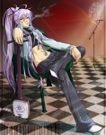  belt belts blue_eyes checkerboard checkered cigarette hagane_vocaloid hair_ornament hairpin instrument kagura_gakupo kamui_gakupo long_hair male momopanda ponytail purple_hair shamisen shamisen_(instrument) sitting smoking tattoo vocaloid 